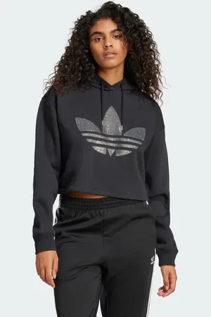 adidas Rhinestone Trefoil Loose Crop Hoodie Women S