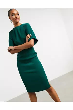 Closet Ribbed pencil dress with tie belt in emerald