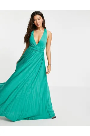 Plunge Halter Open-back Maxi Bias Bridesmaid Dress With Low Tie