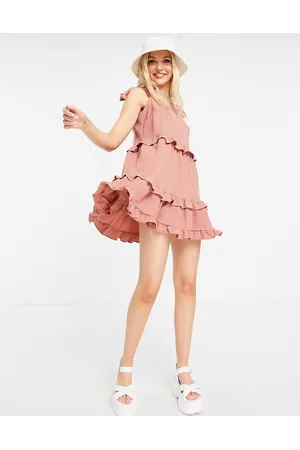 ASOS Women Casual Dresses - Textured ruffle swing mini sundress with tie straps in