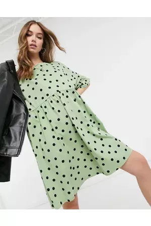 ASOS Super oversized frill sleeve smock in sage and black spot print