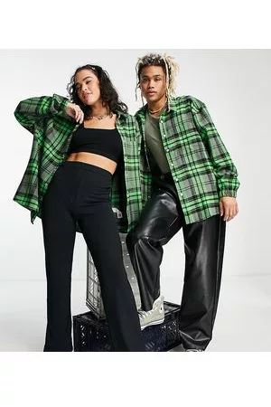 COLLUSION Unisex oversized heavy weight brush check shirt in bright green