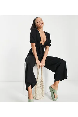 ASOS DESIGN twill collared jumpsuit with wide leg in black