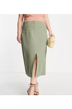 ASOS Curve linen midi pencil skirt with split in khaki