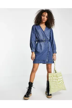 Object Cotton belted denim mini dress in mid - MBLUE