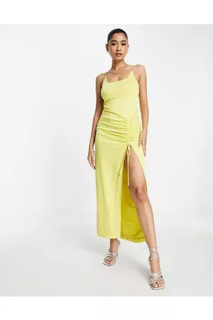 Rare Fashion London chain cami strap maxi dress with thigh split in mustard