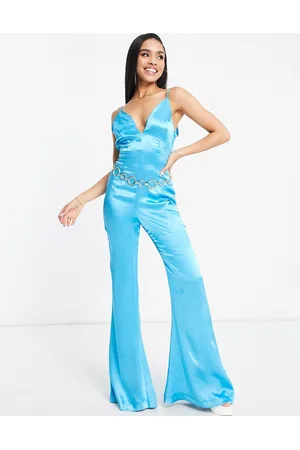 ASOS DESIGN Curve chiffon top belted flared leg jumpsuit in turquoise