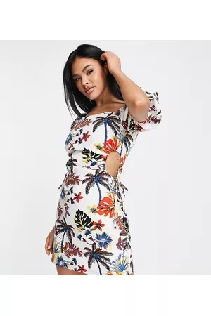 Missguided Puff sleeve mini dress with cut out in tropical print
