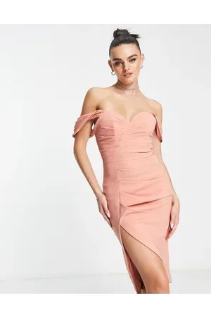 Lavish Alice Pleated bardot midi dress in coral