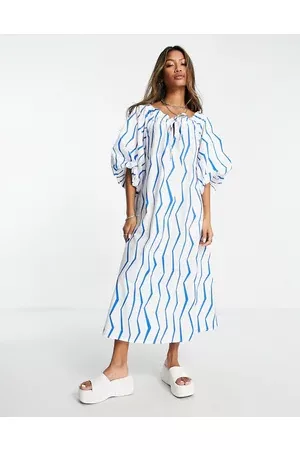 Object Cotton puff sleeve midi dress in blue swirl