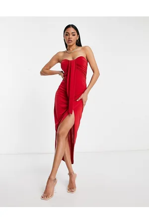 Jaded Rose Tall ruched corset waist sheer midaxi dress in red 