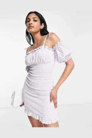 River Island Puff sleeve gingham shirred mini dress in light