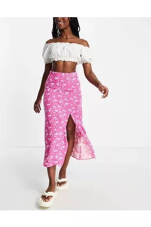 ASOS Midi slip skirt with thigh split in pink ditsy print