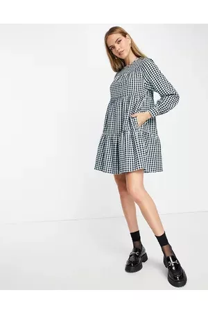 Whistles Gingham tiered trapeze mini dress in black