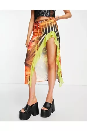 Jaded London Low waist midi skirt with frilly split in spring print