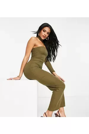 Missguided Midaxi dress with asymmetric sleeve in khaki