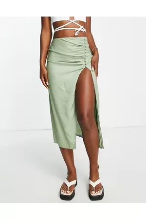 ASOS Drapey button side thigh split midi skirt in sage