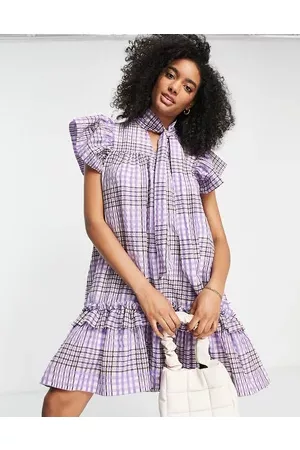 SELECTED Femme high low dress with frill detail in check