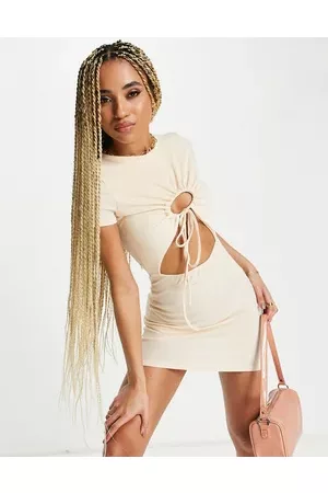 Missguided Rib keyhole cut out bodycon dress in cream