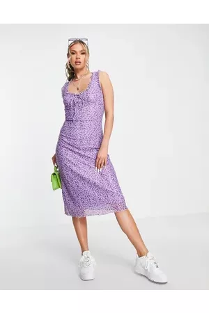 Motel 90s frill bust midi dress in lilac floral mesh