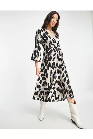 Object Long sleeve midi wrap dress in leopard