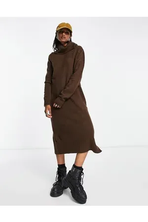 ONLY Roll neck midi jumper dress in chocolate