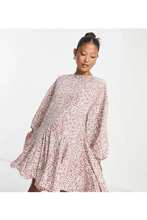 Glamorous Tie neck tiered smock mini dress in mauve leopard