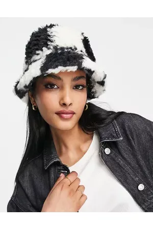River Island Faux fur check bucket hat in
