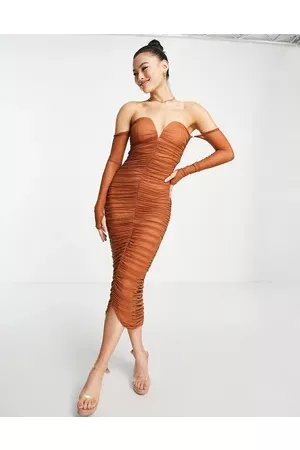 Rare Fashion London ruched midi dress with gloves in cinnamon
