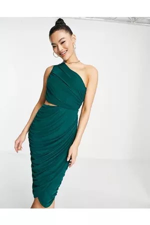 Rare Fashion London ruched one shoulder dress with cut out in emerald