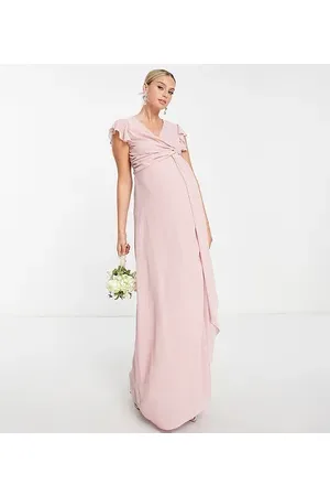 TFNC Bridesmaid flutter sleeve ruffle detail maxi dress in blush