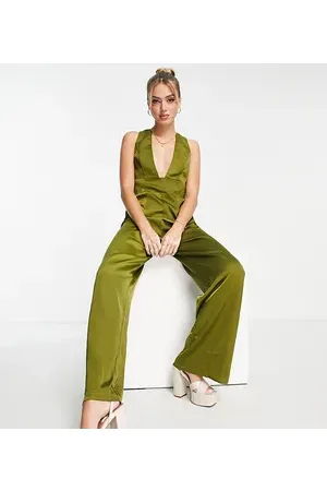 In The Style X Yasmin Devonport exclusive plunge front wide leg jumpsuit in lime