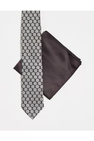 ASOS DESIGN Slim tie and pocket square in and cream 70s design