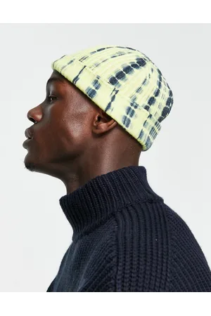 ASOS Mini fisherman ribbed beanie in yellow and blue tie dye