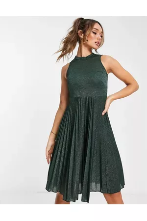 Closet High neck pleated midi dress in metallic emerald