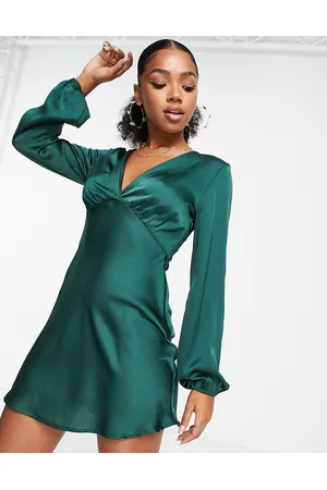 Stradivarius Long sleeve satin mini tea dress in forest