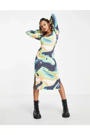 Stradivarius Square neck slinky midi dress in grunge print