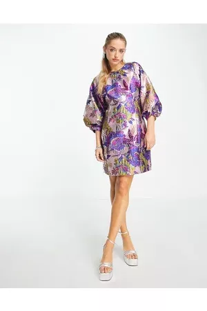 SELECTED Femme jacquard mini dress with volume sleeves in oversized florals