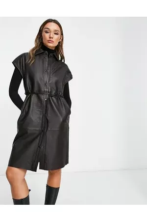 SELECTED Women Casual Dresses - Femme real leather sleeveless mini dress with tie waist in chocolate