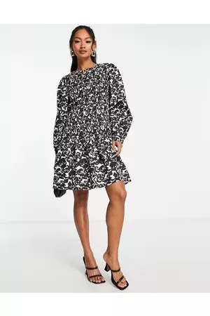 SELECTED Femme shirred mini dress in mono floral