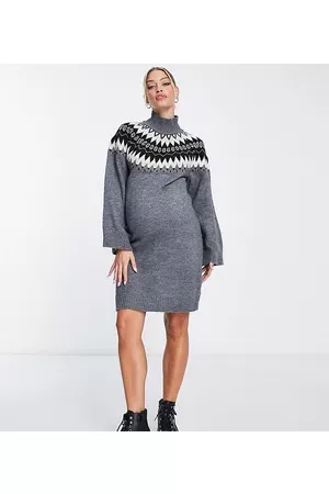 Mama Licious Mamalicious Maternity fairisle knitted jumper dress in grey