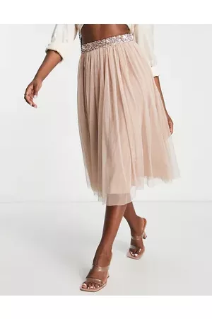 Maya Tulle midi skirt with slit in muted blush