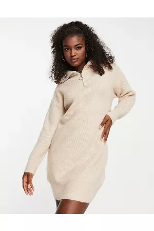 Pimkie Half zip knitted mini dress in taupe