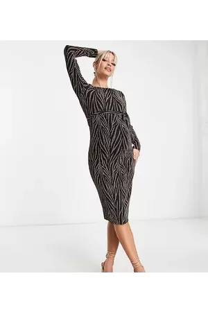 Mama Licious Mamalicious Maternity metallic patterned midi dress in and gold