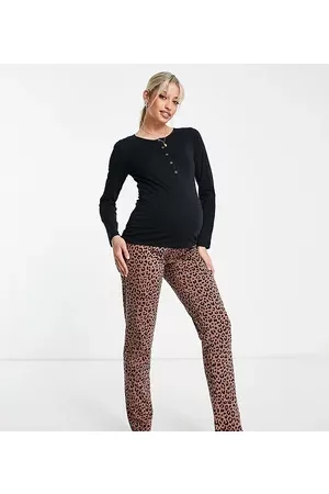Mama Licious Mamalicious Maternity cotton blend leopard print pyjama set with nursing function in