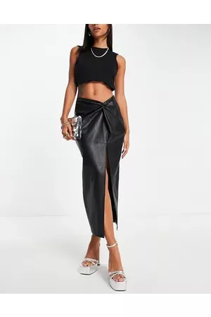Topshop Leather look side twist high split midi skirt in