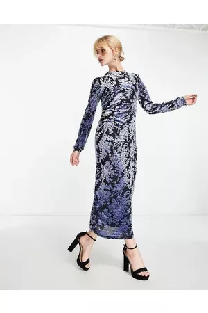 SELECTED Women Printed Dresses - Floral devore velvet long sleeve midi dress in blue