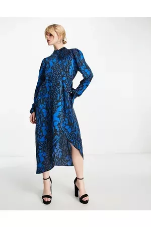 Object Printed midi dress with wrap detail in blue and black