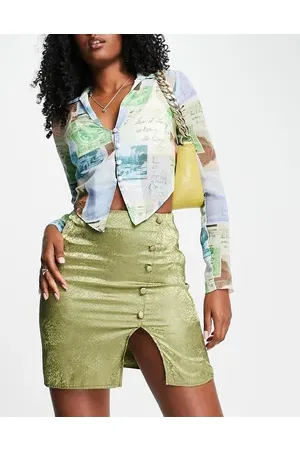 Flounce London Satin button up satin mini skirt in khaki jacquard co-ord