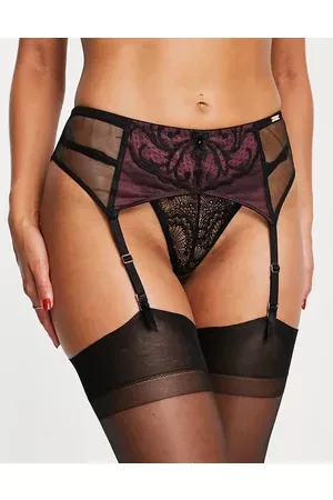 Gossard Women Accessories - VIP Indulgence suspenders with lace trim in black and burgundy